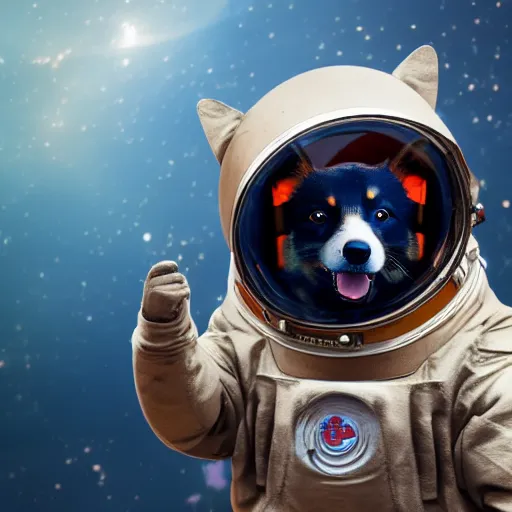 Prompt: a hyperrealistic digital render of a happy cyberpunk corgi in a soviet spacesuit, floating in space, symmetry, sharp focus