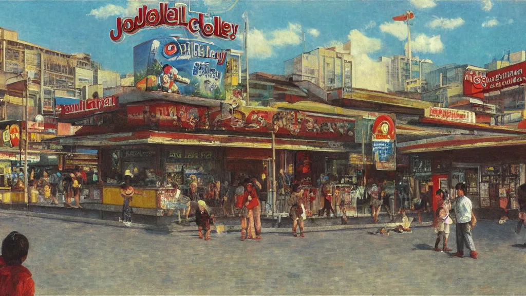 Prompt: Jollibee City, street scene, wide shot, by Moebius, Renoir