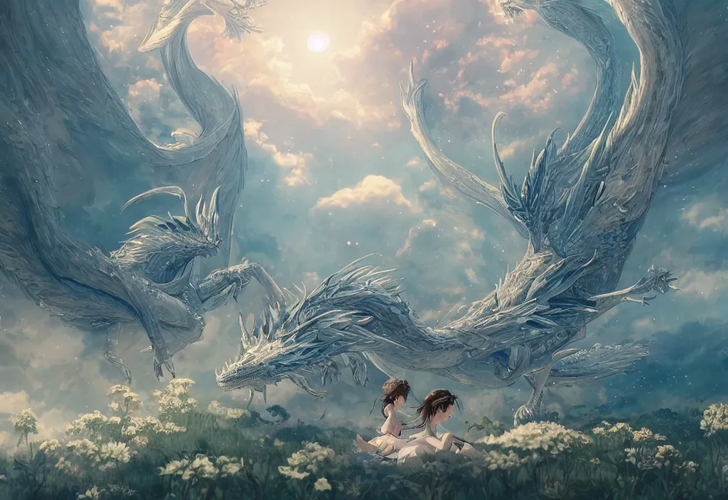 Image similar to the beautiful hyper detailed scene render that a lonely single beautiful girl lies in the arms of a huge silver dragon alone in the fairyland surrounded by white clouds, in the style of makoto shinkai victo ngai and peter mohrbacher studio ghibli artgerm karol bak beeple, animation style, 8 k hd, dream, ultra wide angle, animation style