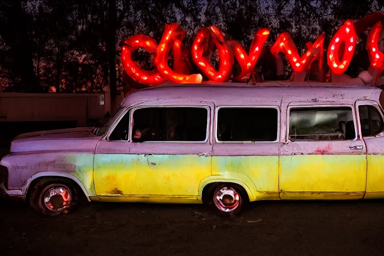 Image similar to clowncar at a california drive in, in 2 0 1 2, cutecore clowncore, bathed in the the glow of the sunset, low - light photograph, in style of tyler mitchell