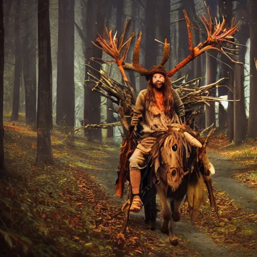 Image similar to hippie tribal hobo wearing twigs and leaves smiling sheepishly, riding tiny scuffy donkey with novelty oversized antlers, autumn forest, highly detailed, dramatic lighting, night time, cinematic, hyperrealistic, detailed, movie still from game of thrones