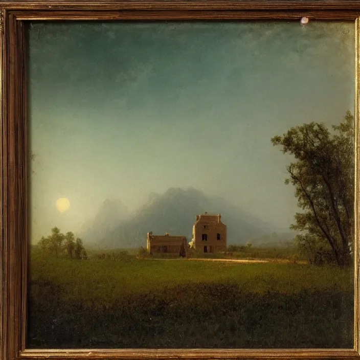 Image similar to a building in a landscape, by albert bierstadt