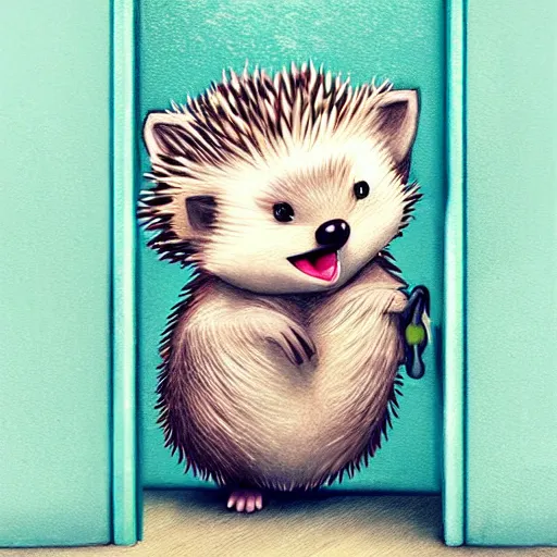 Image similar to cute adorable hedgehog opening the door, waving, smiling, cute, hedgehog, by cyril rolando