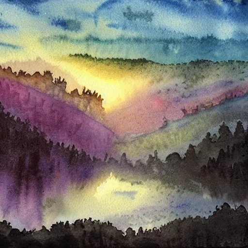 Prompt: a beautiful watercolor painting an epic appalachian wilderness at dawn, godrays, mystical, deep shadows, epic scale