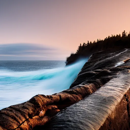 Prompt: long exposure shot of waves crashing against a cliff