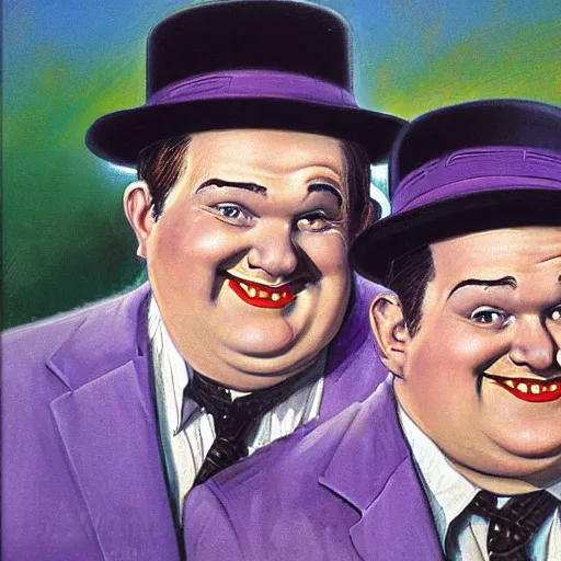 Image similar to A portrait of Stan Laurel and Oliver Hardy in hats by Frank Kelly Freas