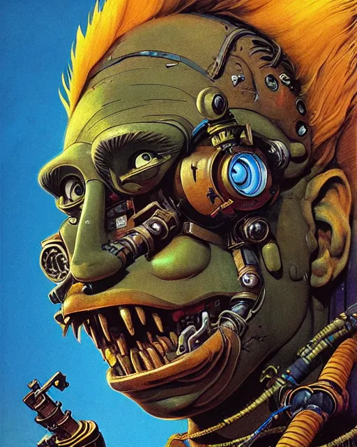 Image similar to junkrat from overwatch, slight smile, character portrait, portrait, close up, concept art, intricate details, highly detailed, vintage sci - fi poster, retro future, in the style of chris foss, rodger dean, moebius, michael whelan, and gustave dore