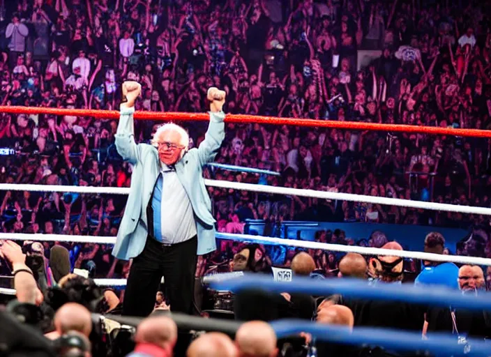 Prompt: photo still of bernie sanders in the ring at wwe wrestlemania 3 6!!!!!!!! at age 7 8 years old 7 8 years of age!!!!!!! posing on top turn buckle, 8 k, 8 5 mm f 1. 8, studio lighting, rim light, right side key light