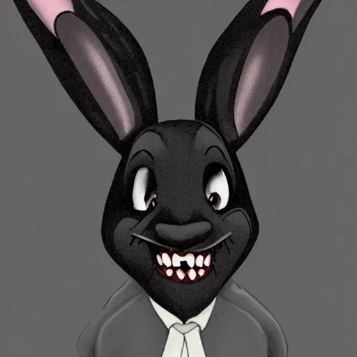 Image similar to A extremely highly detailed majestic hi-res beautiful, highly detailed head and shoulders portrait of a scary terrifying, horrifying, creepy black cartoon rabbit with scary big eyes, earing a shirt laughing, hey buddy, let's be friends, in the style of Walt Disney animation