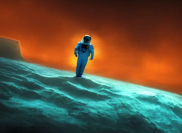 Prompt: astronaut underwater holding a flag in the sand of the bottom of the ocean. a submarine is visible in the distance. dark, concept art, cinematic, dramatic, atmospheric, 8 k, trending on artstation, low visibility, fog, ocean floor, christopher nolan, interstellar