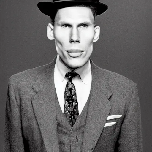 Image similar to A photograph portrait of Jerma985 wearing a suit with and fedora in the 1950s, taken in the early 1950s, grainy, taken on a 1950s Kodak Camera, realistic, hyperrealistic, very realistic, highly detailed, very detailed, extremely detailed, detailed, digital art, trending on artstation