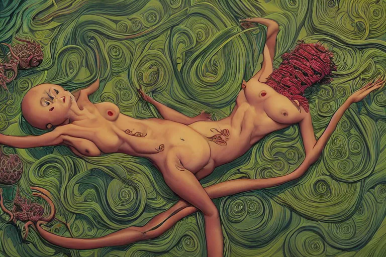 Image similar to top view, full body, lying beautiful mulatto girl inside the venus flytrap, silk fabric, gorgeous, intricate, in the style of Jin Kagetsu, James Jean and wlop, Zdzisław Beksiński style, hyperdetailed, sharp focus, intricate concept art, digital painting, ambient lighting, 4k, artstation trending on Gsociety, trending on ArtstationHQ, trending on deviantart, professionally post-processed, wide-angle action dynamic portraithyperdetailed, hyper quality, 16K