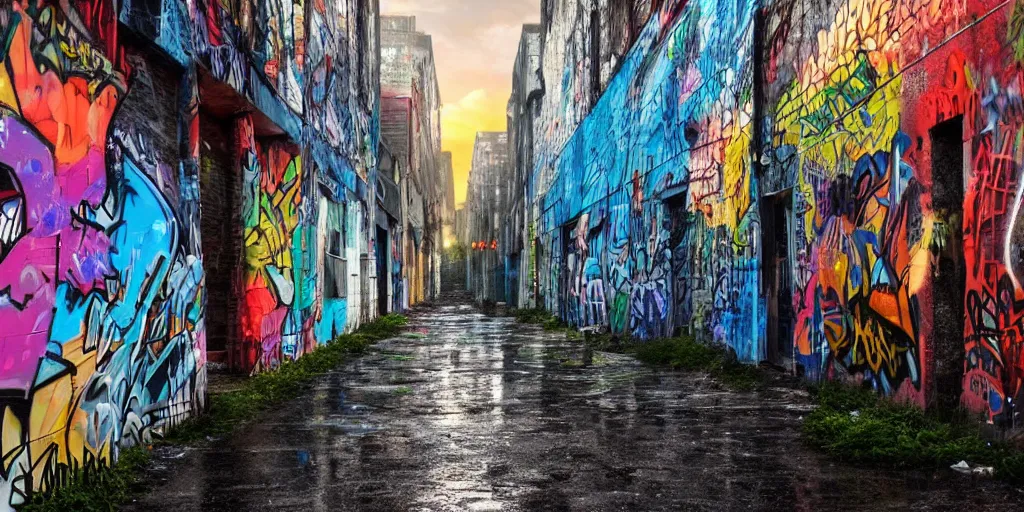 Prompt: photo realistic!! a graffiti filled alley at sunset after raining, dramatic lighting, artstation, unreal engine