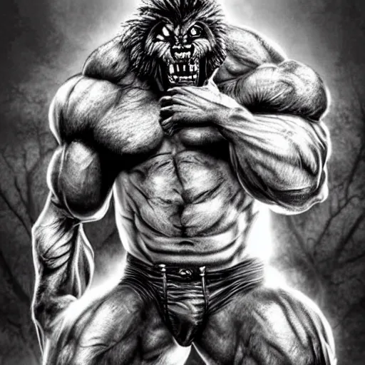 Prompt: a steroids werewolf with absurdly big muscles, intense expression, epic, high detail, photography