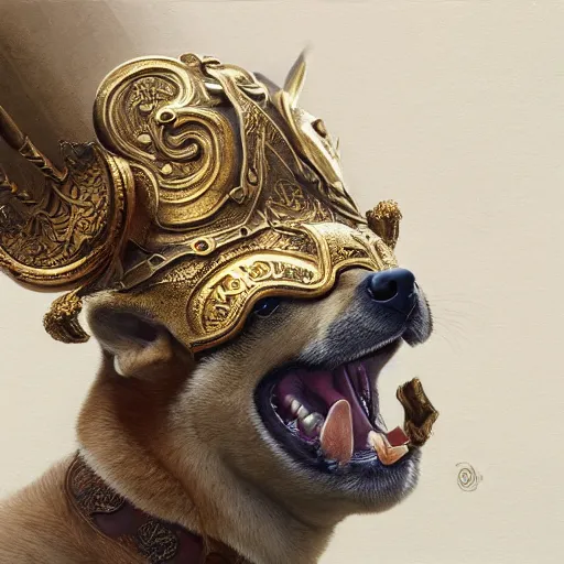 Image similar to detailed photorealistic painting of a shiba inu wearing a highly detailed ornamented bronze typical viking helmet with two horns, sharp focus in the style of ruan jia, Mandy jurgens, cinematic light, concept art, trending on artstation, ultra realistic