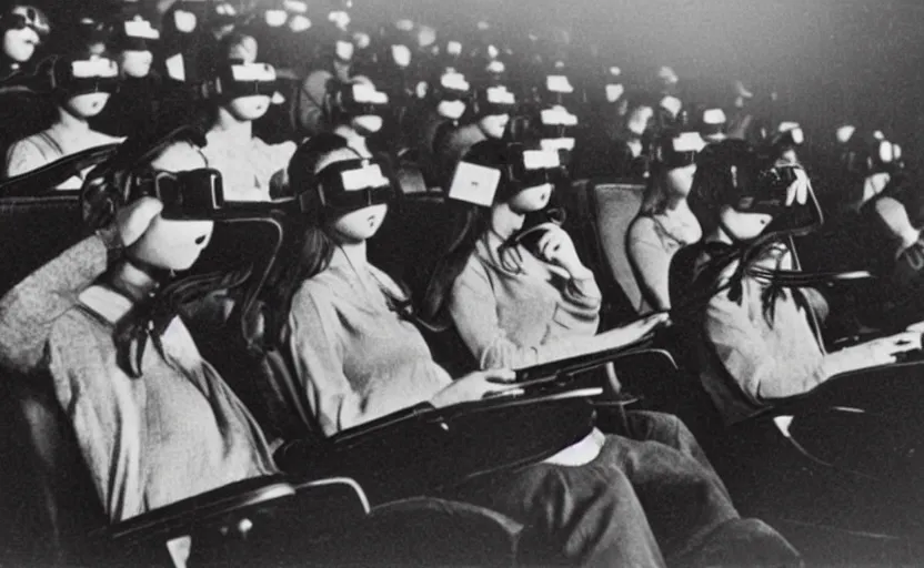 Image similar to 1 9 0 0 s photo of people using iphones ipods virtual reality headsets vr in a movie theater masterpiece