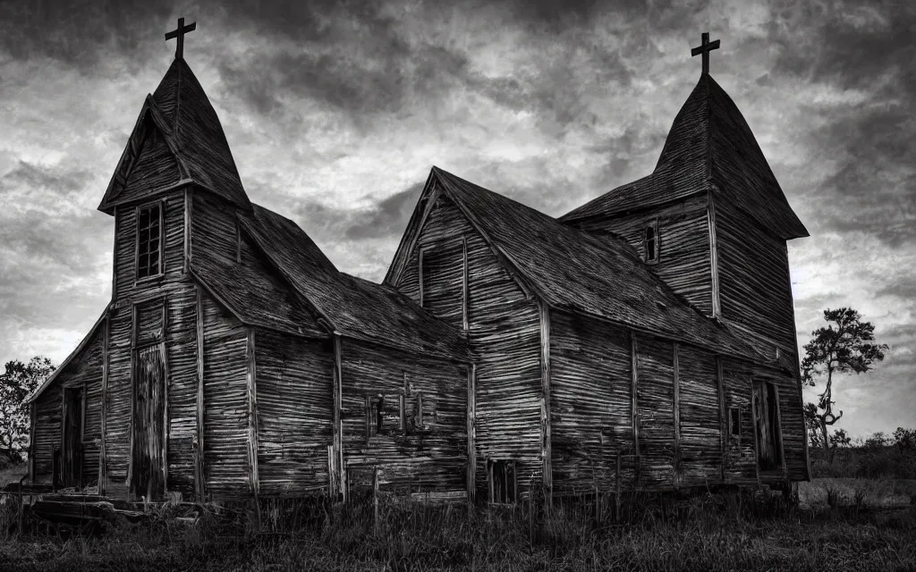 Image similar to a wooden church rotting away in the bayou, realistic, dynamic composition, dramatic lighting, ultra detailed