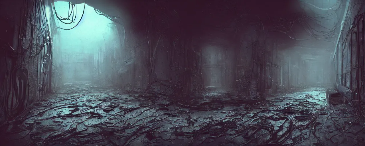 Prompt: Film still of a dimly lit corridor on an alien space ship, dark matte metal, floor grills, ventilation shafts, dusty, mist and smoke, purple and cyan lighting, water dripping, puddles, wet floor, rust, decay, vines, overgrown, alien plants, tilted camera angle, a mysterious creature in the distance, wide-angle lens vanishing point, year 3000, Cinestill colour cinematography, anamorphic, giger