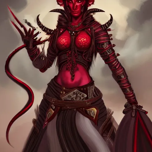 Prompt: portraif of a beautiful female red skin tiefling from dungeons and dragons wearing armour, black long hair, intricate details