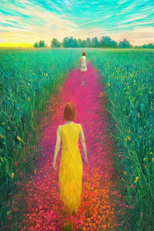 Image similar to giant corn flower head, girl walking in a flower field, surreal photography, sunrise, dramatic light, impressionist painting, colorful clouds, digital painting, artstation, simon stalenhag