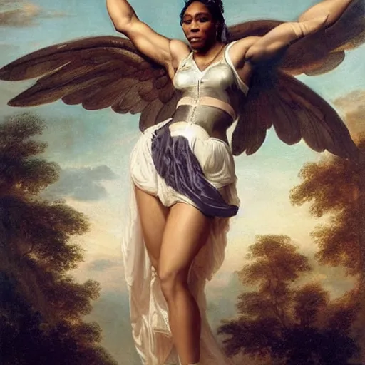 Image similar to Full body Portrait of Serena Williams in Nike gear as Nike Goddess, large wings, luxuriant, dreamy, eternity, romantic, strong pose, highly detailed, in the style of Franz Xaver Winterhalter, highly detailed, in the style of Aetherpunk