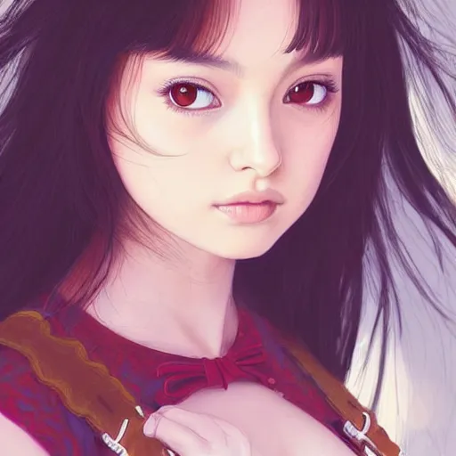 Image similar to a beautiful young japanese natalie portman alluring gravure model, wearing elegant designer overalls, elegant overalls with mesoamerican patterns, mesoamerican native street fashion, princess mononoke, by and wlop and ilya kuvshinov and artgerm and, aesthetic, gorgeous, stunning, alluring, attractive, artstation, pinterest, digital art