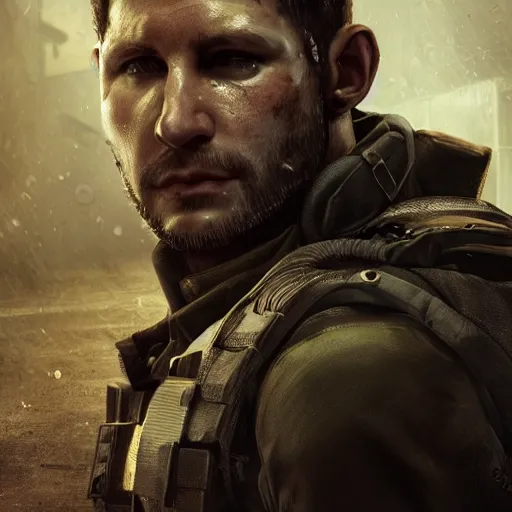 Image similar to chris redfield in escape from tarkov, au naturel, hyper detailed, digital art, trending in artstation, cinematic lighting, studio quality, smooth render, unreal engine 5 rendered, octane rendered, art style by klimt and nixeu and ian sprigger and wlop and krenz cushart