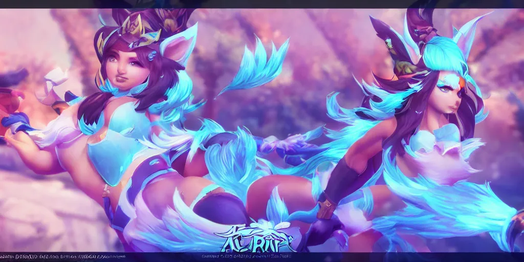 Image similar to beautiful character sheet render of pool party Ahri (wild rift). 3d, octane render, realistic, highly detailed, trending on artstation