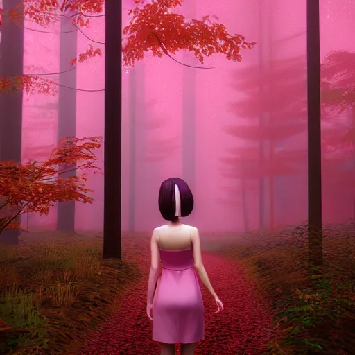 Image similar to a woman in a pink dress standing in a forest, a character portrait by ilya kuvshinov, cg society contest winner, neo - romanticism, ilya kuvshinov, daz 3 d, polycount