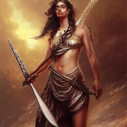 Image similar to artstation concept of a beautiful girl holding a sword in both hands, brown skin, face, silver garment, shiny colorful, hyperdetailed, artstation trending, world renowned artists, worth1000.com, historic artworks society, antique renewel, cgsociety, by greg rutkowski, by Gustave Dore, Deviantart