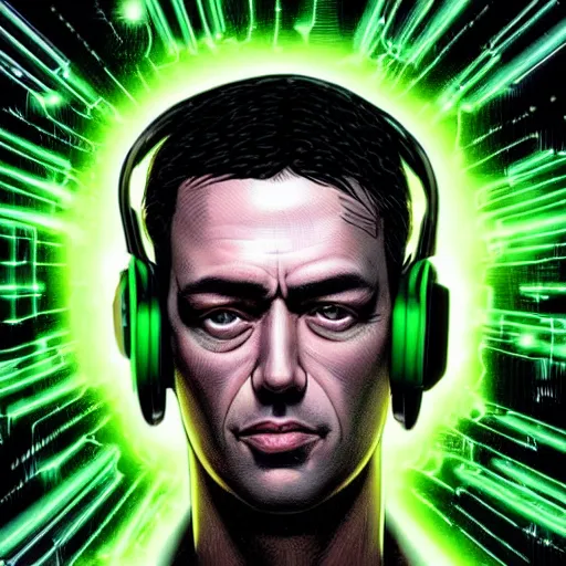 Image similar to “portrait of main character of Neuromant book on his face VR set, high detailed, wide and straight in face angle, in the background big mainframe with python code running on it(black and green color) many wires. volumetric light, epic light, by Steve Dillon, Glenn Fabry, Matt Hollingsworth, Pamela Rambo in style of Preacher comics(1995-2000)”