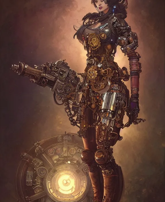 Image similar to a steampunk dieselpunk terminator, fantasy, intricate, elegant, highly detailed, colorful, vivid color, digital painting, artstation, concept art, art by artgerm and greg rutkowski and alphonse mucha and ruan jia