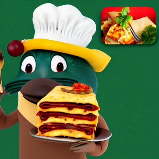 Image similar to cute platypus wearing a chef hat and holding a lasagna with three basil leaves over the lasagna, pixar style, ultradetailed, 3 d