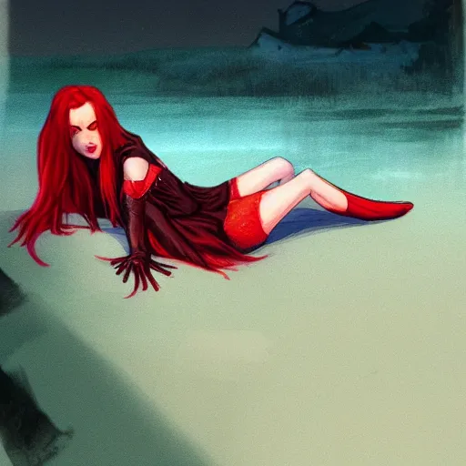 Prompt: a beautiful comic book illustration of a vampire woman with long red hair laying near a lake at night by Alex Maleev, featured on artstation