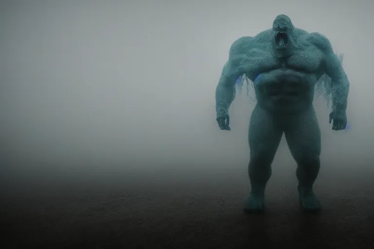Image similar to a giant monster made of flesh and muscles, very angry, misty, foggy, ambient light, terror, glows,