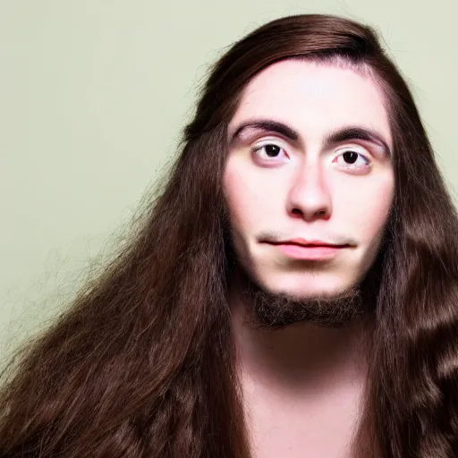 Prompt: a transgender man with long brown hair sits near a hemp