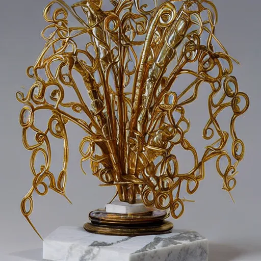 Prompt: greek godness sculpture, marble and brass, gold vines and red spines