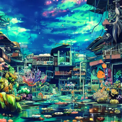 Image similar to painted anime background of an underwater slums shopping district built from various coral seashells and being reclaimed by nature, seaweed, light diffraction, litter, steampunk, cyberpunk, caustics, anime, vhs distortion, inspired by splatoon by nintendo, art created by miyazaki