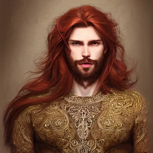 Image similar to portrait of a man - bear, male, handsome, masculine, full body, red hair, long hair, soft hair, fantasy, intricate, elegant, highly detailed, suit, coffee shop, digital painting, artstation, concept art, character art, smooth, sharp focus, illustration, art by artgerm and greg rutkowski and alphonse mucha