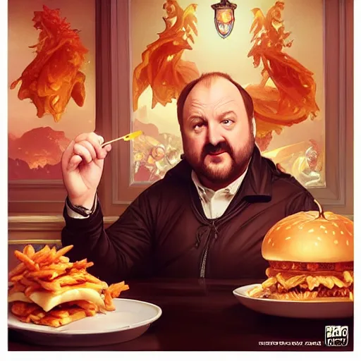 Prompt: louie ck eating big macs, dripping BBQ Sauce, serving happy meals, D&D, spilling ketchup, fantasy, intricate, elegant, highly detailed, digital painting, artstation, concept art, matte, sharp focus, illustration, hearthstone, art by Artgerm and Greg Rutkowski and Alphonse Mucha