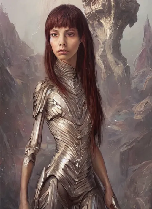 Image similar to a professional painting of a beautiful young female alien, clothed in ethereal armor, olive skin, long dark hair, beautiful bone structure, symmetrical facial features, intricate, elegant, digital painting, concept art, smooth, sharp focus, illustration, from Valerian and the City of a Thousand Planets, by Ruan Jia and Mandy Jurgens and Artgerm and William-Adolphe Bouguerea