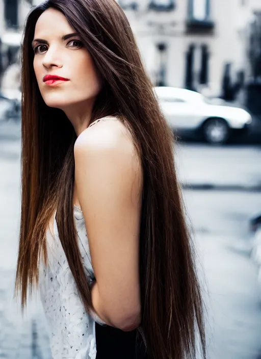 Prompt: color realistic portrait of a beautiful, stylish, 30-year-old French woman street background, with long, straight hair, street portrait in the style of Mario Testino 50mm