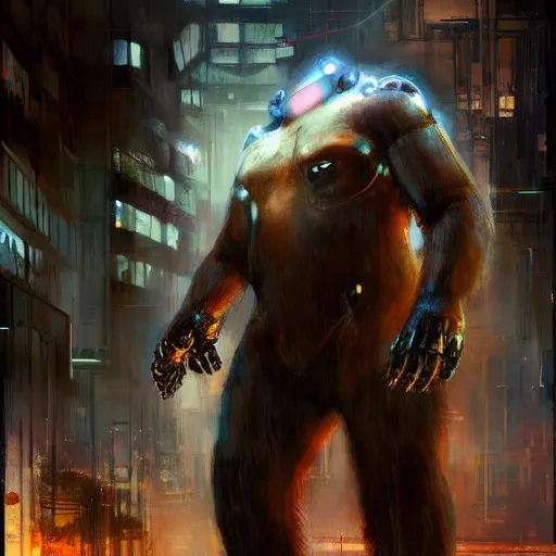 Prompt: brown bear, painting by Raymond Swanland, cyberpunk, sci-fi cybernetic implants hq