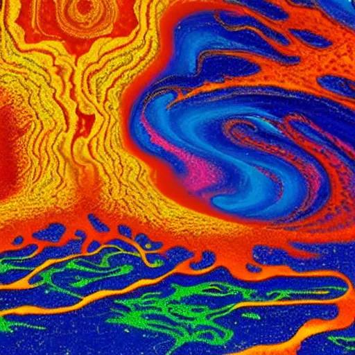 Prompt: psychedelic cosmic landscape with lava clouds and hellscape pillars that stretch across the sky