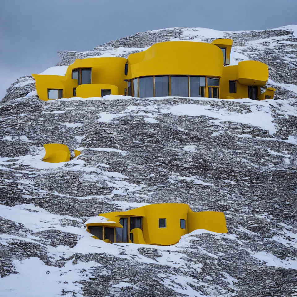 Image similar to a mid-century modern house on top of a cliff in the arctic, covered with snow, designed by Frank Gehry, with a long pathway toward it. Big tiles. Film grain, cinematic, yellow hue