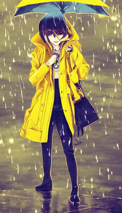 Image similar to girl in a yellow coat standing in the rain holding a small pocket watch, thick outlines, bright colors, digital art, hard edges, detailed, anime style, dynamic pose, character design, fisheye perspective, high angle, art by sora kim, rinotuna, ilya kuvshinov