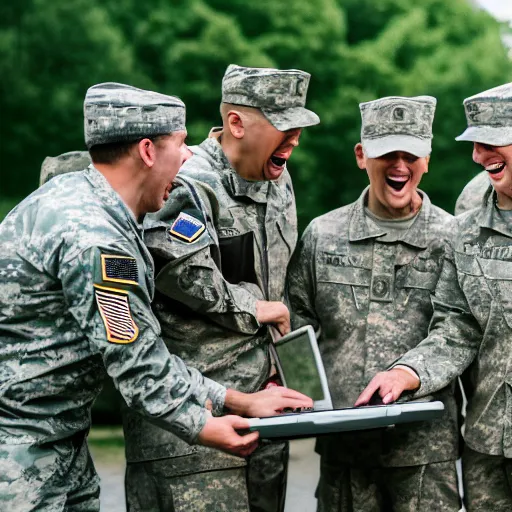 Prompt: a group of fox animals dressed in modern american military soldier uniforms, laughing at a computer, 8 5 mm f / 1. 4