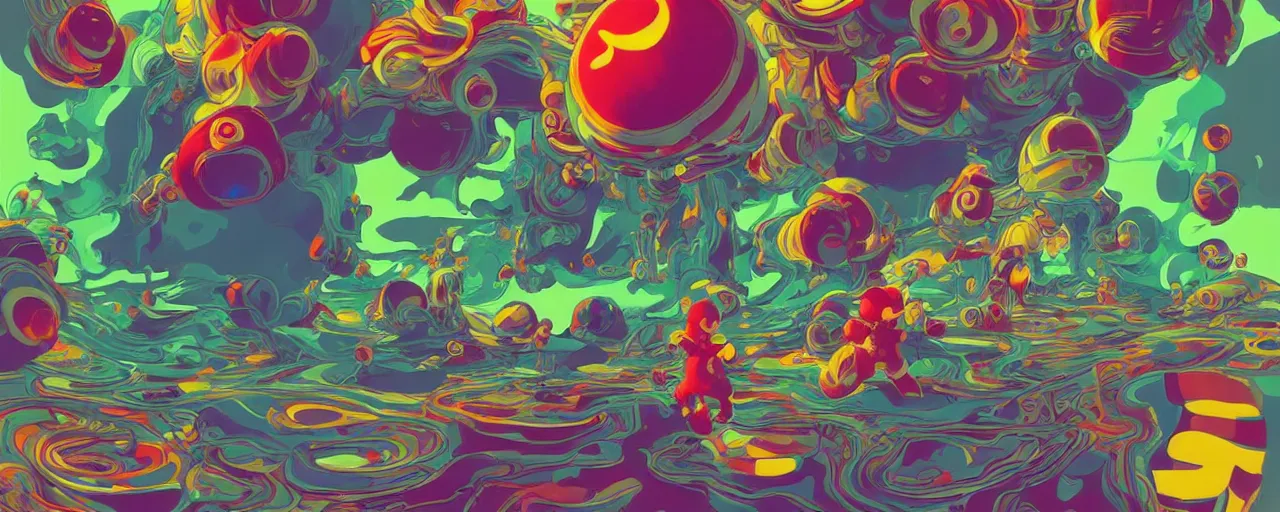 Image similar to surreal moebius illustration super mario having psychedelic acid trip on lsd glichy hypnotic fractals spirals with molecule structures fluid flowing shapes by sachin teng and sergey kolesov and ruan jia and heng z. graffiti art, scifi, fantasy, hyper detailed. octane render. concept art. trending on artstation