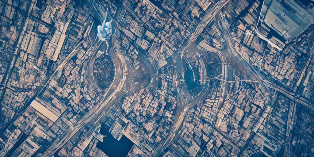 Prompt: cinematic street shot of a flying city saint petersburg on earth orbit, telephoto, anamorphic cinematography, beautiful composition, color theory, leading lines, photorealistic, moody volumetric lighting