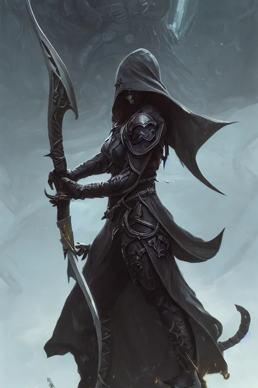 Image similar to reaped wielding a scythe, full body shot, hood, d & d, dark fantasy, intricate, highly detailed, digital painting, artstation, concept art, matte, sharp focus, illustration, hearthstone, art by artgerm and greg rutkowski and alphonse mucha